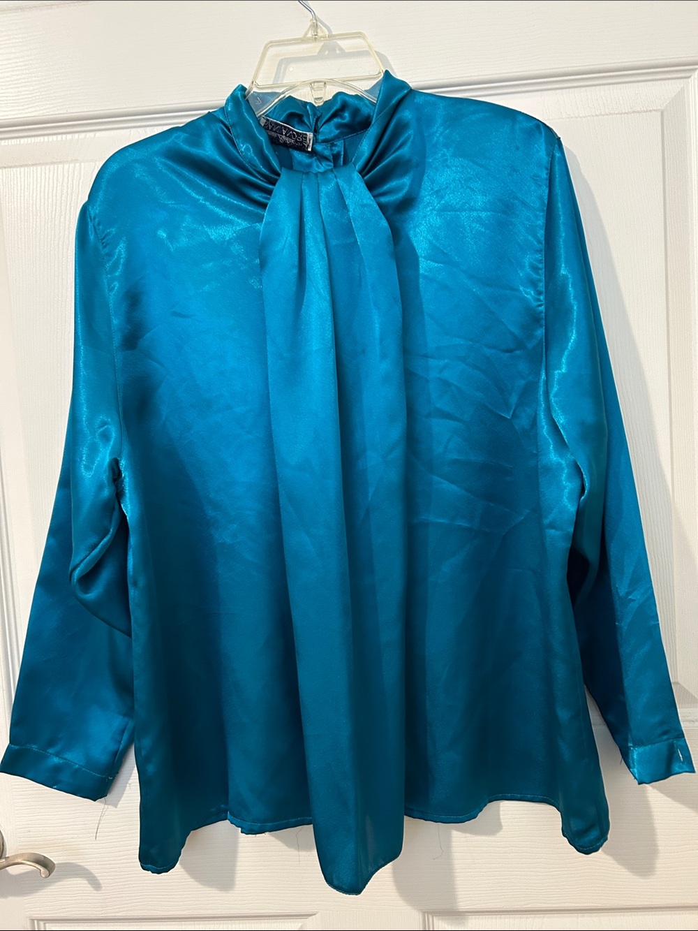 Sonya Ratay for San AndreSilky Teal Long-Sleeve Tie-Neck Blouse , Sz. L.